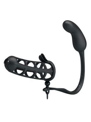 Black silicone cock sleeve with vibrating anal egg butt plug