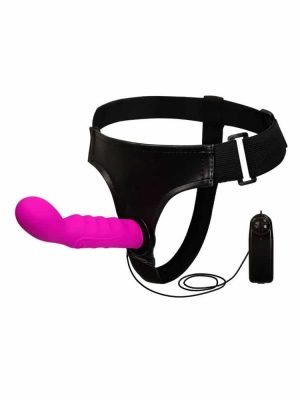 Purple ribbed g spot vibrator with black elastic harness and remote control