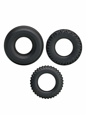 Set of three black cock rings different sizes and textures sex toys