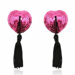 Heart sequin nipple covers hot pink with black tassels main image