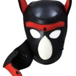 neoprene puppy hood with red open mouth