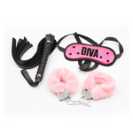 3 piece pink bondage kit with mask cuffs and whip