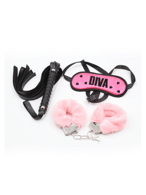 3 piece bondage kit - mask - cuffs - whip - bondage - kit - pink - black