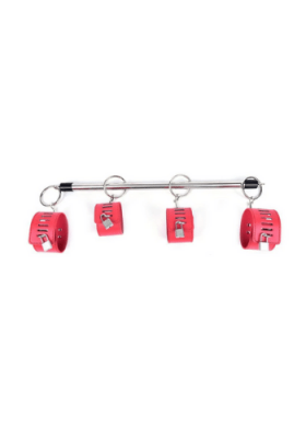 spreader bar with 4 red cuffs, red cuffed spreader bar, bondage bar, bondage bar red cuffs, bondage bar red leather cuffs