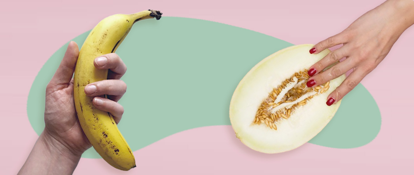 hand holding a banana next to hand with melon